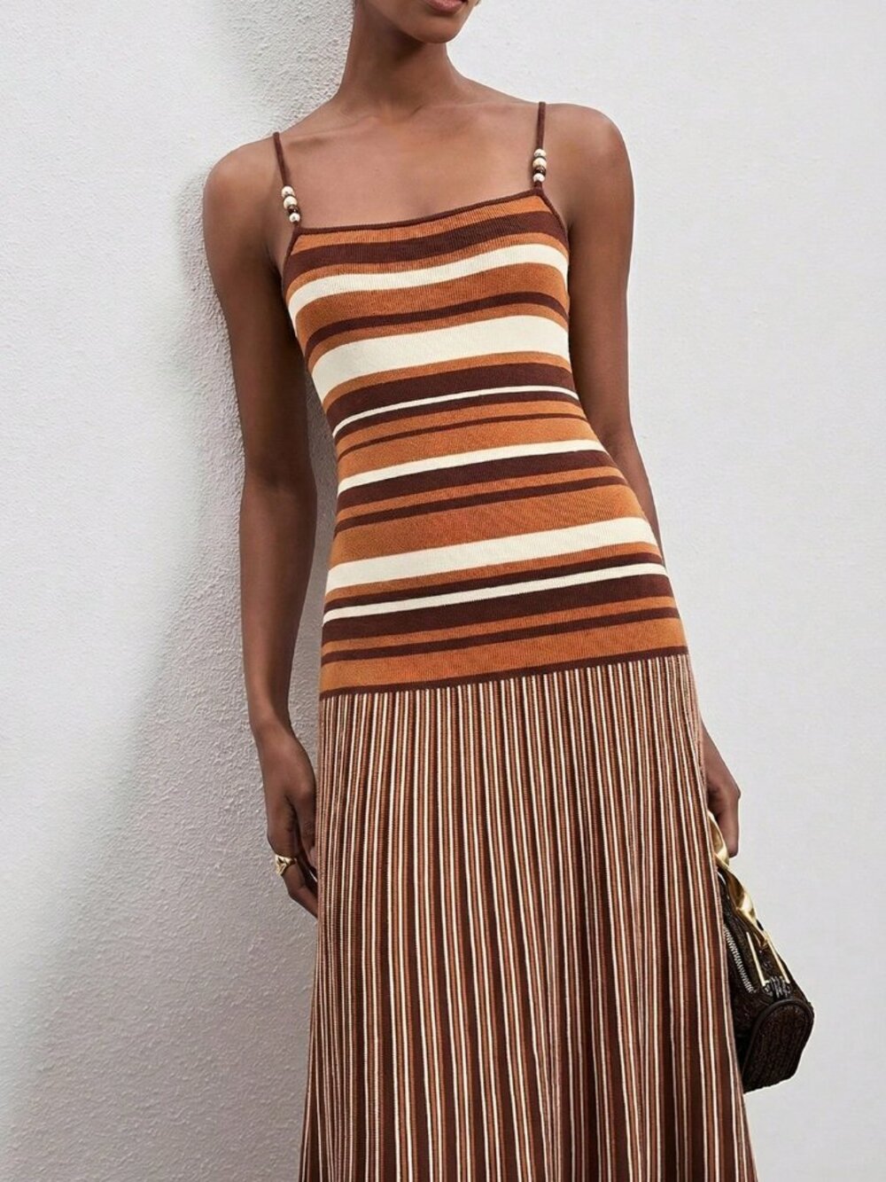 Brown Casual Women's Striped Minimalist Camisole Sweater Dress - Picture 3 of 6